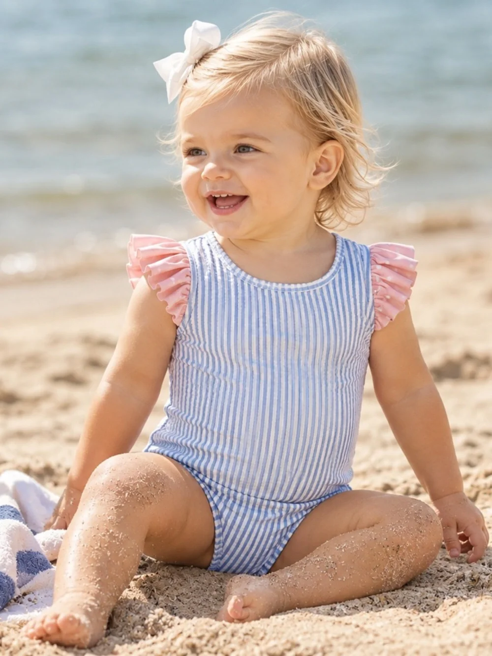 RuffleButts Blue Seersucker Two-Piece Swimsuit with Pink Polka Dot Ruffles